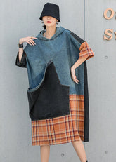 Vestidos vaqueros de otoño de media manga con bolsillos a cuadros y retazos con capucha azul de talla grande